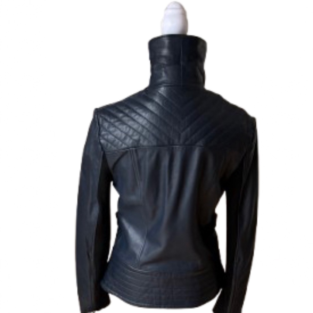 Badgley Mischka Navy Genuine Leather Moto Jacket Asymmetrical Size Small - Picture 3 of 7